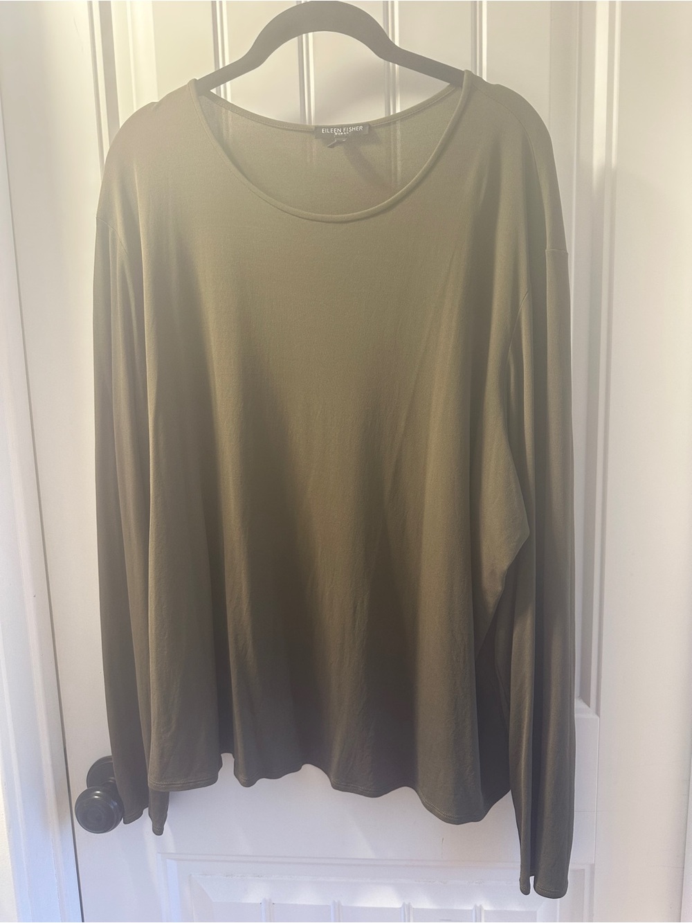 Eileen Fisher Silk Olive Green Long Sleeve Crewneck Top 2X